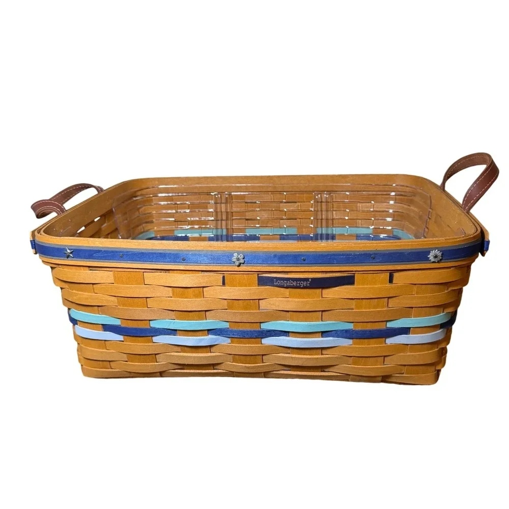 Longaberger Woven Wood Basket Leather Blue Handles Plastic Liner 17